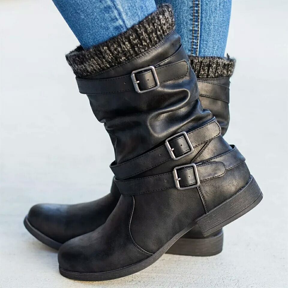 Winter new products low heel 40-43 women's boots featuring buckle detail and round toe style.