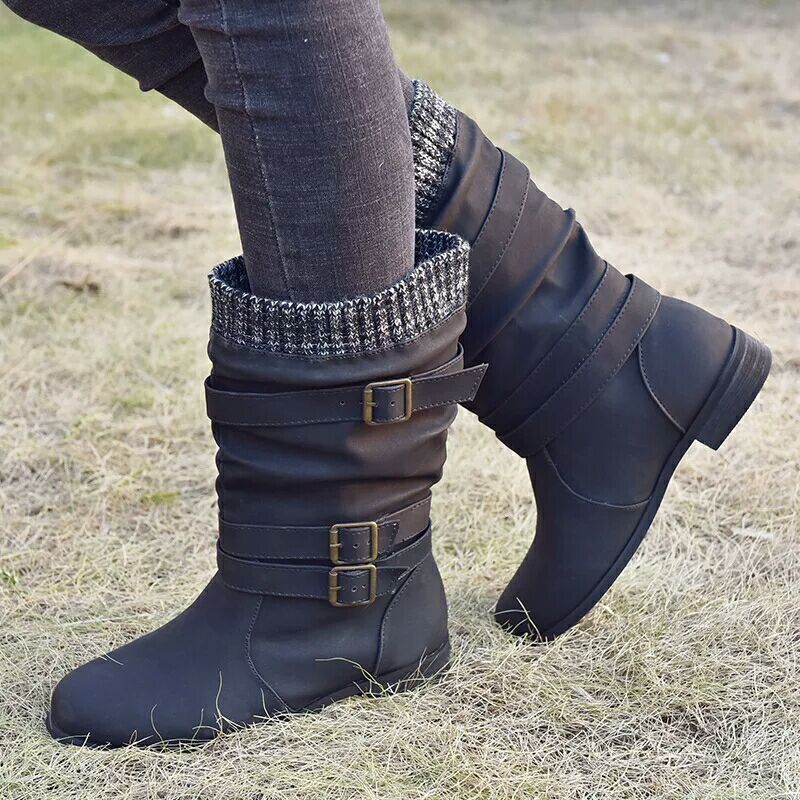 Winter new products low heel 40-43 women's boots with round toe and buckle design, featuring a stylish middle tube.