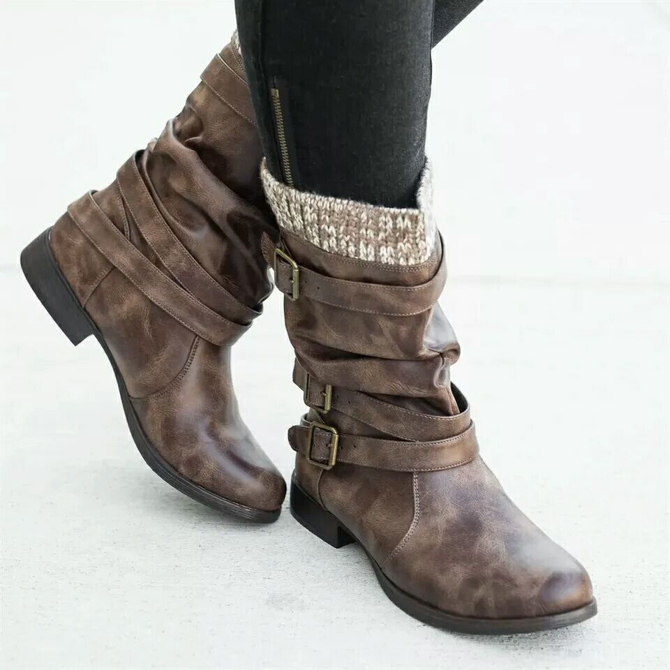 Winter new products low heel 40-43 women's boots with buckles and knitted detail.