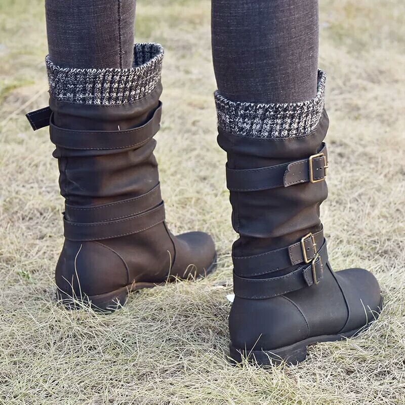 Winter new products low heel 40-43 women's boots showing buckle detail and textured cuff.