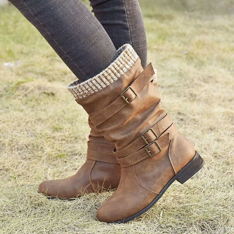 Winter new products low heel 40-43 women's boots with buckle detail and round toe design.