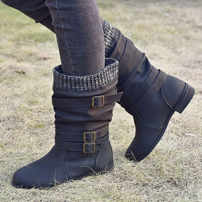 Winter new products low heel 40-43 women's boots with round toe and buckle design, featuring a stylish middle tube.
