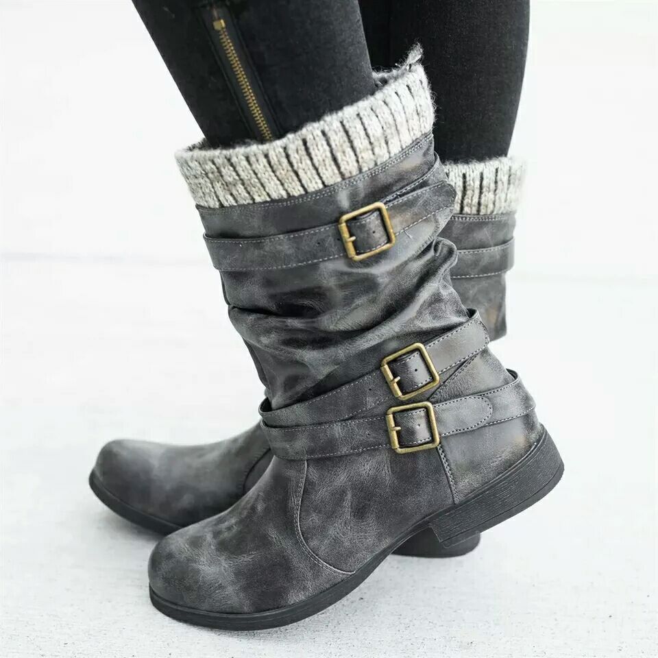 Winter new products low heel 40-43 women's boots featuring stylish belt buckles and cozy knit cuffs.