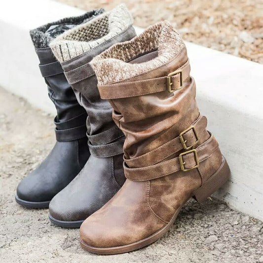 Winter new products low heel 40-43 women's boots in three colors with stylish buckles and cozy materials.