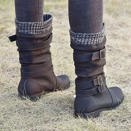 Winter new products low heel 40-43 women's boots showing buckle detail and textured cuff.